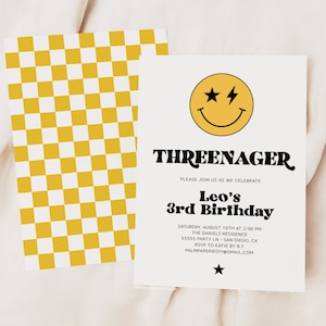 3rd Birthday Invitation Boy, Digital Invite, Threenager, Smile Face Invites, Editable Template, 3, Three, Vibes, Templett