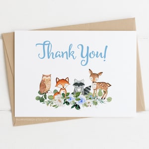 Printable Thank you Card Woodland theme Baby Shower, Instant Download Template, Boy Birthday Card,  Templett