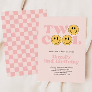 2nd Birthday Invitations for Girl, Smile, Happy Face Invite, Two Cool, Editable Template, Pink Smiles, Digital Download, Templett