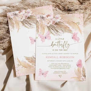 Boho Butterfly Baby Shower Invitation Template, Pink Floral (digital ...