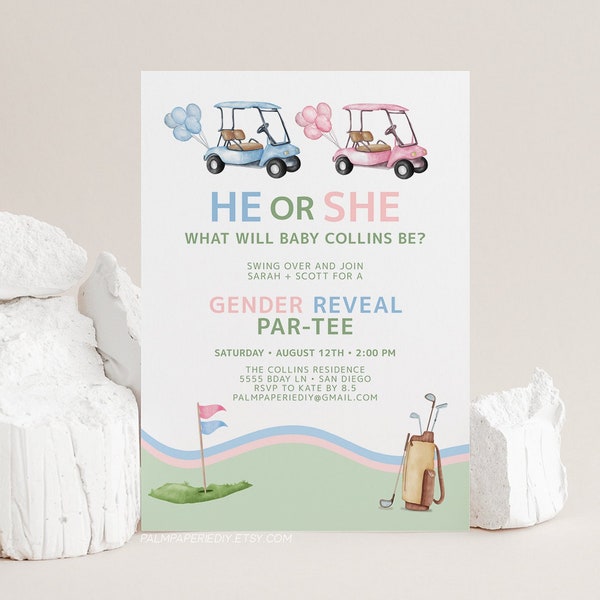Golf Gender Reveal Invitation, Digital Download, Golfing Theme Invites, He or She, Reveal Party, Partee, Editable Template, Templett