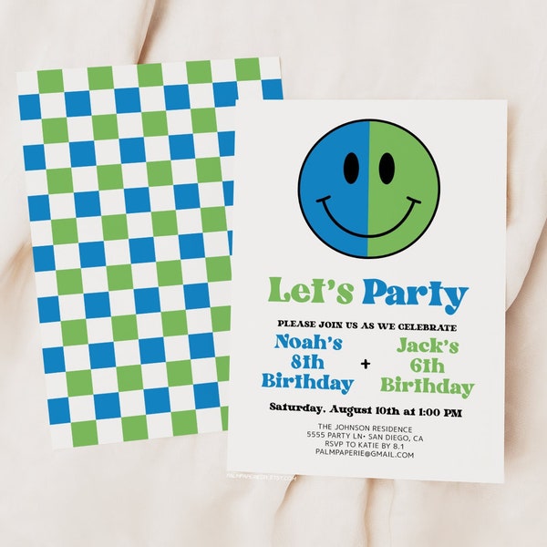 Combined Birthday Invitation for Boys, Joint Kids Party, Smile Happy Face Invite, Twins Siblings Brothers, Editable Template, Templett