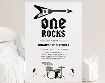 May include: Black and white birthday party invitation with a guitar and drum set. The text reads "one rocks" and "Jonah's 1st Birthday".