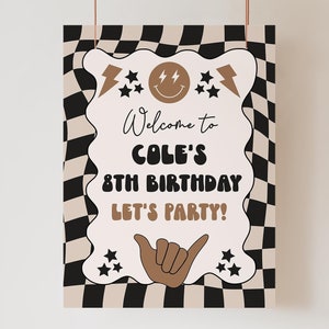 Birthday Welcome Sign Template for Boy, Checkered Smile Party Theme, Retro Bday Decor, Rad, Digital