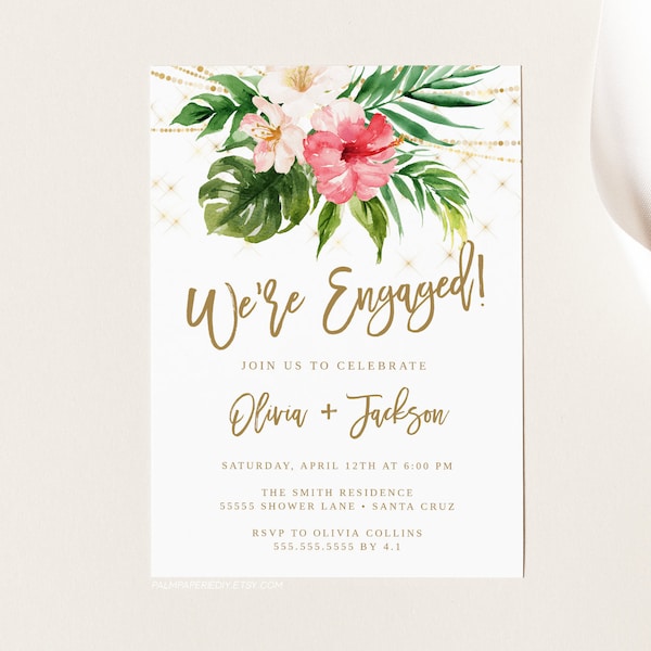 Engagement Party invites, Tropical, couples wedding shower invitation, INSTANT DOWNLOAD template, Printable Invitations,  Templett
