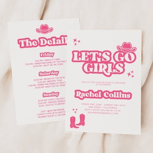 Let&#39;s Go Girls Bachelorette Invite with Itinerary,  Editable Template, Last Rodeo, Nashville country western, Pink, Download, Templett
