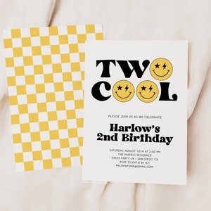 Two Cool birthday Invitation, 2nd Birthday Invite for boy or girl, Editable Template, Smile Face Bday, Checkered, Digital Download, Templett
