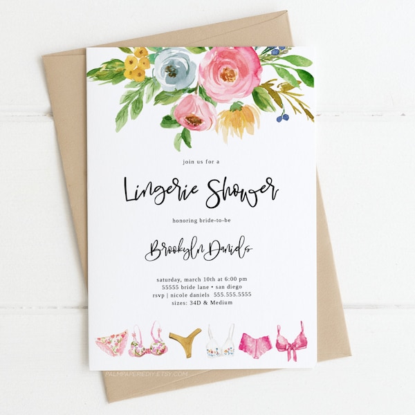 Floral Lingerie Shower Invitation, Bridal Shower, Digital Download Printable Invites, Brunch, Let's Spoil Her, Templett