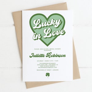 Convite para chá de panela Lucky In Love, tema do dia de São Patrício, modelo editável para download instantâneo, trevo, convite para chá de panela de casal, Templett