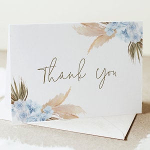 Boho Carte de remerciement, Douche de bébé de garçon, herbe de Pampas, modèle de téléchargement instantané, boho floral bleu, carte imprimable, Templett
