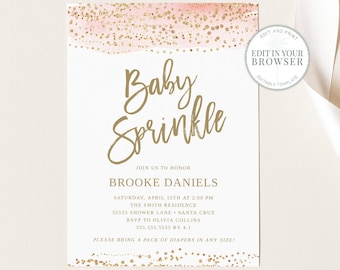 Baby Sprinkle Invitation girl, INSTANT DOWNLOAD, 2nd Baby shower Invite, Pink Gold, Sprinkled with love, Digital Invites, Templett