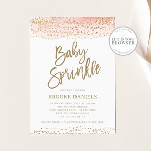 Baby Sprinkle Invitation girl, INSTANT DOWNLOAD, 2nd Baby shower Invite, Pink Gold, Sprinkled with love, Digital Invites, Templett