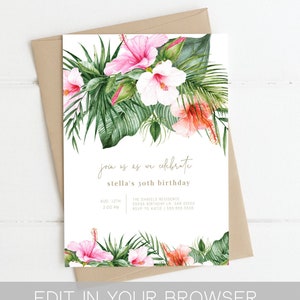 Tropical Birthday invitation, instant download, Adult Bday invite, Luau, 30th, 18th, 21st, Editable Template, Templett