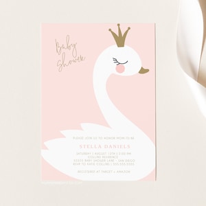 Swan Baby Shower Invitation, girl, Swan Princess, INSTANT DOWNLOAD, Printable Template, Templett