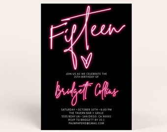 15th Birthday Invitation for Girl, Template, Teen Bday, Neon Light, Hot ...