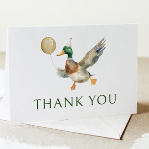 Modelo de cartão de agradecimento de aniversário de pato, aniversário de pato-real, um pato sortudo, download para impressão d1