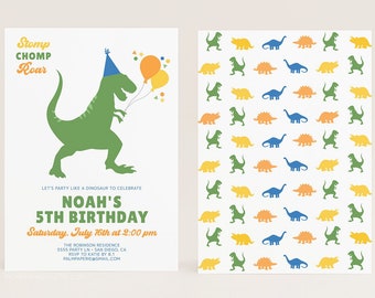 Dinosaur Birthday Invitation, Digital Template, Stomp Chomp Roar Invite for Boys, Kids Bday, T-Rex, Dino Theme, Editable Download, Templett