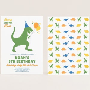 Dinosaur Birthday Invitation, Digital Template, Stomp Chomp Roar Invite for Boys, Kids Bday, T-Rex, Dino Theme, Editable Download, Templett