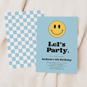 Birthday Invitation for Boy, Smile Happy Face Invite, Editable Template, Let's Party, 8th, 10th, 7th, 12th, 5th, Kids Bday Party, Templett