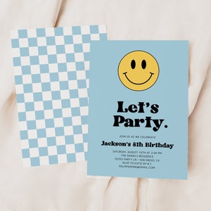 Birthday Invitation for Boy, Smile Happy Face Invite, Editable Template, Let's Party, 8th, 10th, 7th, 12th, 5th, Kids Bday Party, Templett