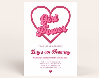 Girl Power Birthday Invitation, Digital Download, Girl Bday Party Invites, Retro Groovy, Sleepover, Pink Modern, Editable Template, Templett