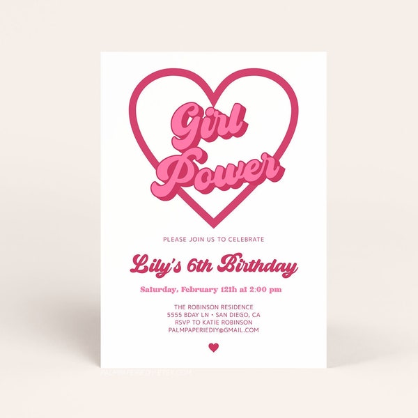 Girl Power Birthday Invitation, Digital Download, Girl Bday Party Invites, Retro Groovy, Sleepover, Pink Modern, Editable Template, Templett