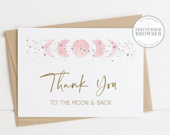 Moon Thank you card, Girl, Digital Download, Moon Stars Baby Shower, Card Template, Templett