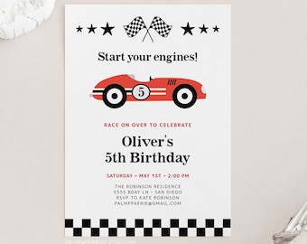 May include: A red and black race car birthday party invitation with a checkered flag design. The invitation says "Start your engines!" and "Oliver's 5th Birthday".