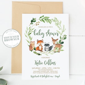 Woodland Baby Shower Invitation, Boy, Gender Neutral, INSTANT DOWNLOAD, woodland animals, Editable, Digital, Woodland Theme Invites