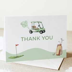 Modelo de cartão de agradecimento de golfe, tema de golfe, chá de bebê, verde neutro, parte de aniversário, nota de chá de casal, editável, para impressão Templett G3