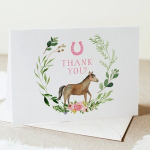 Kentucky Derby Baby Shower Biglietto di ringraziamento Modello, tema cavallo per ragazza, Ferro di cavallo, Carta stampabile modificabile, Templett