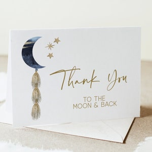 Over the Moon Baby Shower Thank you card template, Celestial, Two the Moon Birthday, Instant Download, To the Moon, Blue Gold, Templett