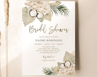 Tropical Boho Bridal Shower Invitation, Beach Themed Invite, Instant download Template, Beachy Bohemian, Editable Templett