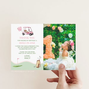 Roze Golf 1e verjaardag Bedankkaartsjabloon met foto, meisje, gat in één, golfthema, afdrukbare Templett g2a