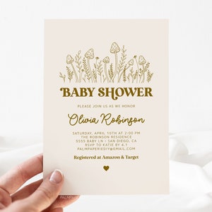 Mushroom Baby Shower Invitation, Digital Download, Modern Invites Gender Neutral, Enchanted Forest Woodland, Editable Template, Templett M3