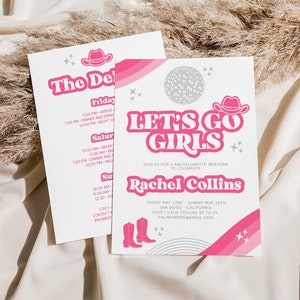 Let's Go Girls Bachelorette Invitation, Itinerary, Invite Template, Space Cowgirl, Nashville, Last Disco Party, Download, Editable Templett