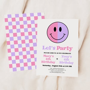 Combined Birthday Invitation for Girls, Joint Kids Party, Digital Download Invite, Smile Face, Siblings Sisters, Editable Template, Templett