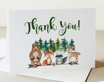 Dank u kaart, Bos dieren, Adventure baby shower, digitale sjabloon, Bewerkbaar, Diy, Woodland Dieren, Templett