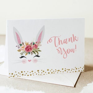 Bunny Thank you card, Rabbit, Pink Gold, EDITABLE, DIY, Instant Download Printable, TEMPLETT