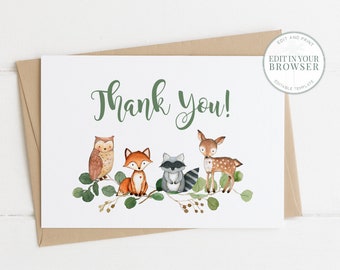 Woodland Bedankkaart, BEWERKBAAR, diy, Greenery Boy, Genderneutraal, Instant Download, Templett