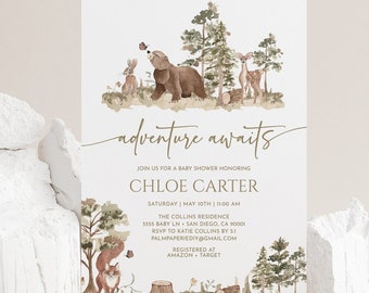 Woodland Baby Shower Invitation, Forest Animals, Adventure Awaits Invites, Digital Download Template, Gender Neutral, Boy, Templett