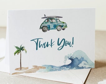 Thank you card Template, Baby on Board Baby Shower, Surf Theme, Beach Birthday, Editable Printable File, Templett