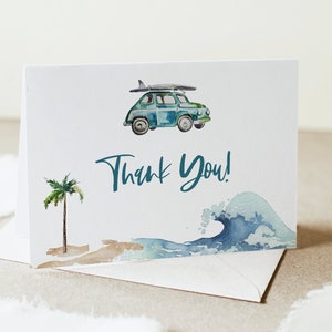 Thank you card Template, Baby on Board Baby Shower, Surf Theme, Beach Birthday, Editable Printable File, Templett