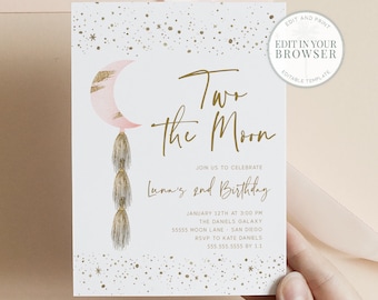 Two the Moon Invitation Girl, 2nd Birthday Invite, Instant Download, Stars and Moon, Templett