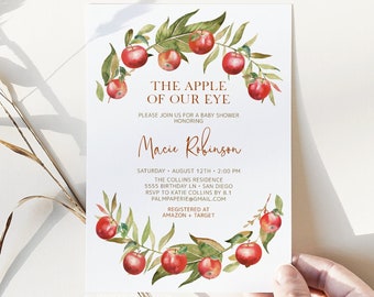 Invitación para Baby Shower con temática de manzanas y huerto otoñal (Templett editable)