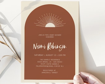 Modern Baby Shower Invitation, Rust Arch, Instant download Template, Abstract Invite, Contemporary Boho, Sun, Neutral, Editable Templett