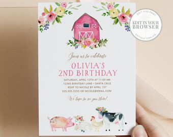 Farm Birthday Invitation, Girl, Editable, Digital, Barnyard Party, Farm Animals, Pig, Cow, Floral, INSTANT DOWNLOAD