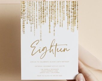 Gold Birthday Invitation, 18th, Eighteen, Eighteenth, 21st, Birthday Invites, Instant Download, Editable, Glitter, Digital