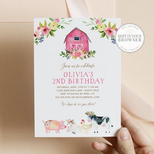 Farm Birthday Invitation, Girl, Editable, Digital, Barnyard Party, Farm Animals, Pig, Cow, Floral, INSTANT DOWNLOAD