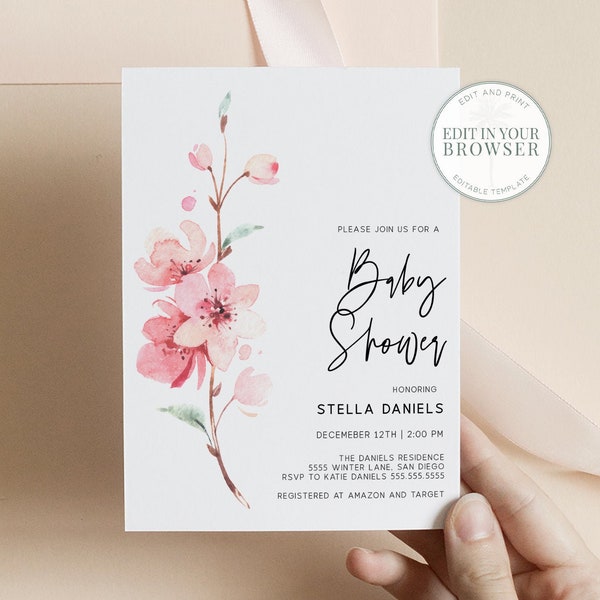 Lente baby shower uitnodiging, Cherry Blossom uitnodigen, Instant Download, Japanse Cherry Blossom Sakura, Templett